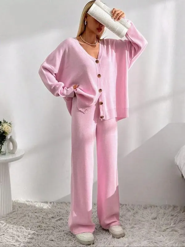 Women's  V Neck Cardigan & Elastic Waist Wide Leg Pants Two-piece Set