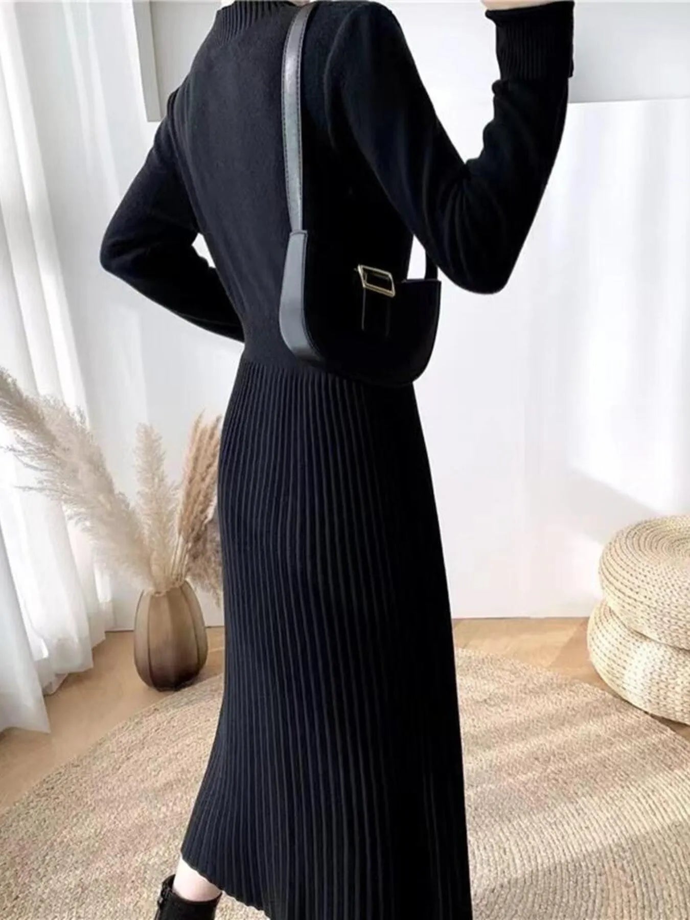 Slit Front Mock Neck Long Sleeve Knit Dress