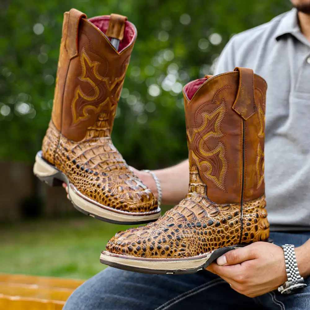 Honey Caiman Neck Leather Boots With 3D Lightweight Sole - Composite Toe