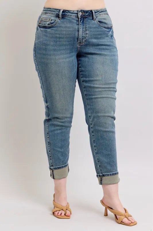 Blue Full Size Mid Rise Vintage Wash Double Roll Cuff Boyfriend Jeans Plus Size