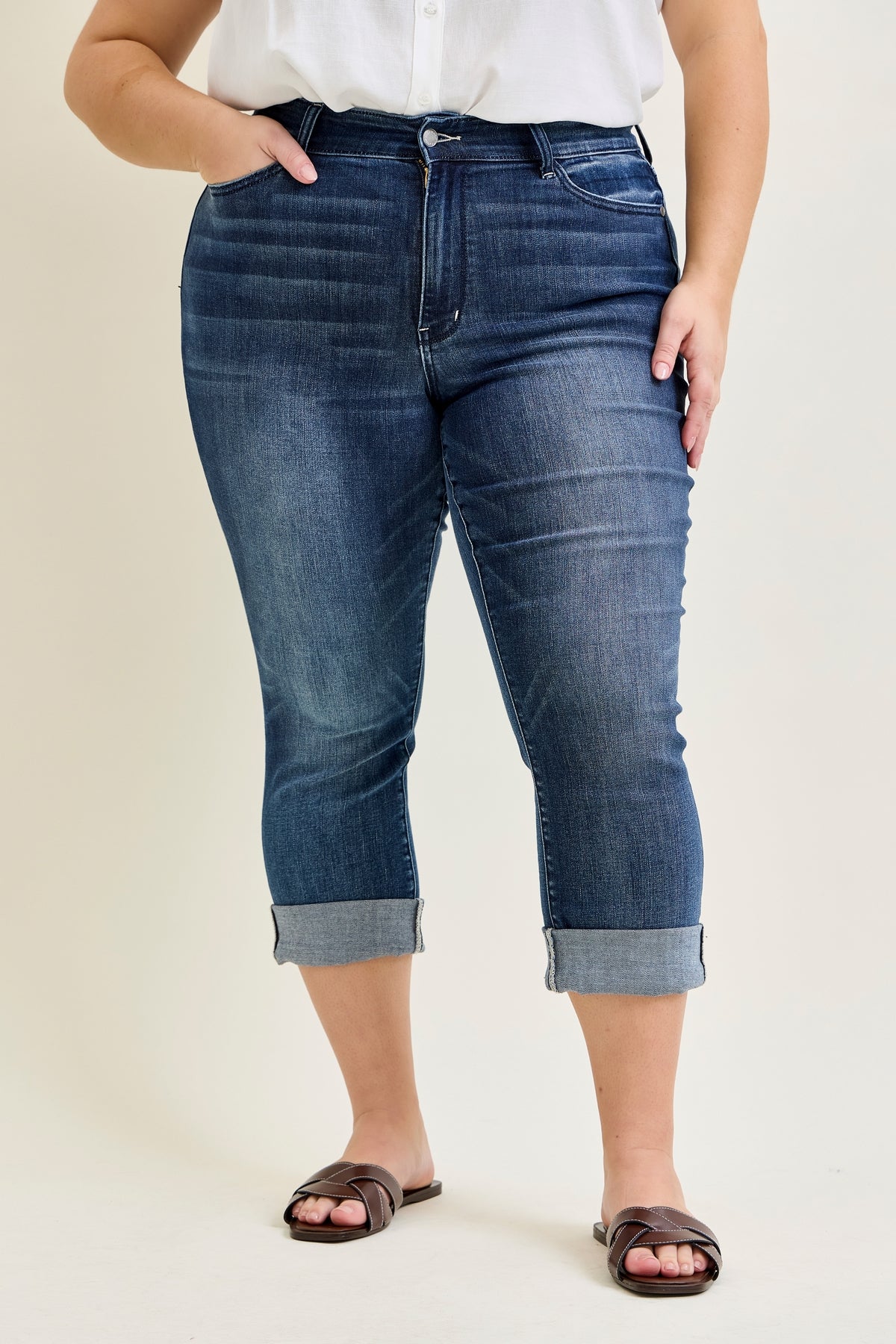 Maddy Mid Rise Dark Wash Cuffed Capri Jeans - PLUS
