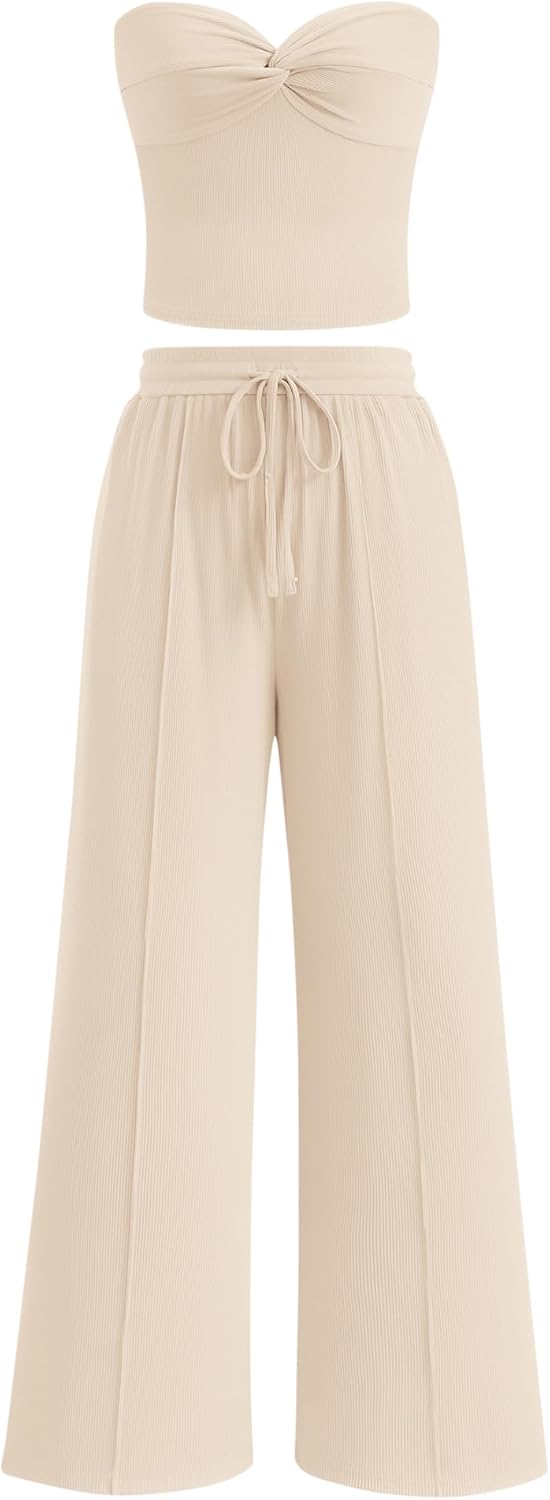 Two Piece Sets For Women Summer Ribbed Strapless Twist Knot Tube Top Pants Set Casual 2026 Beach Vacation Outfits