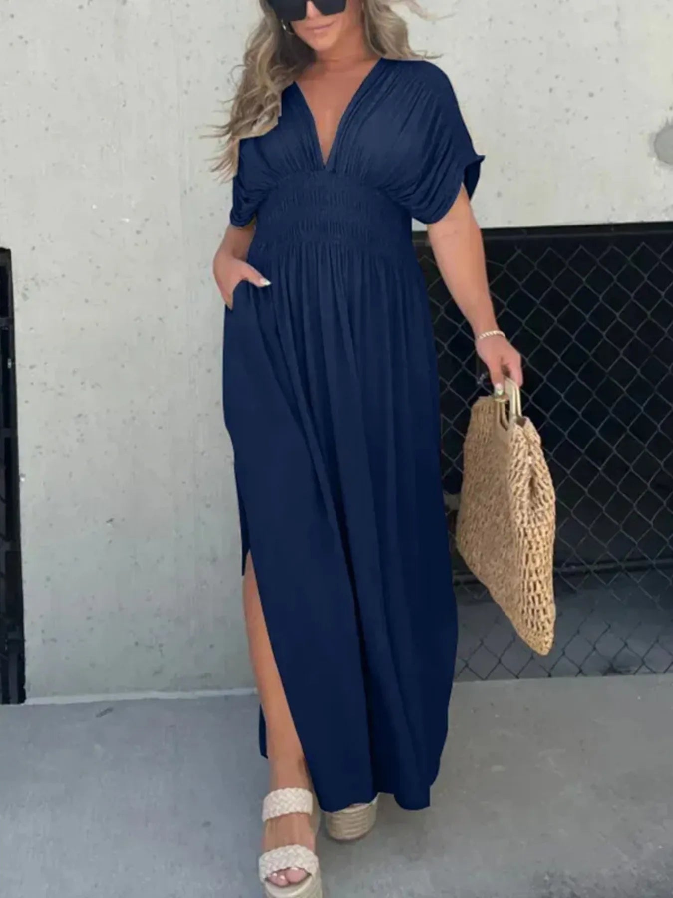 Full Size Deep V-Neck Maxi Dress with Side Slit Plus Size