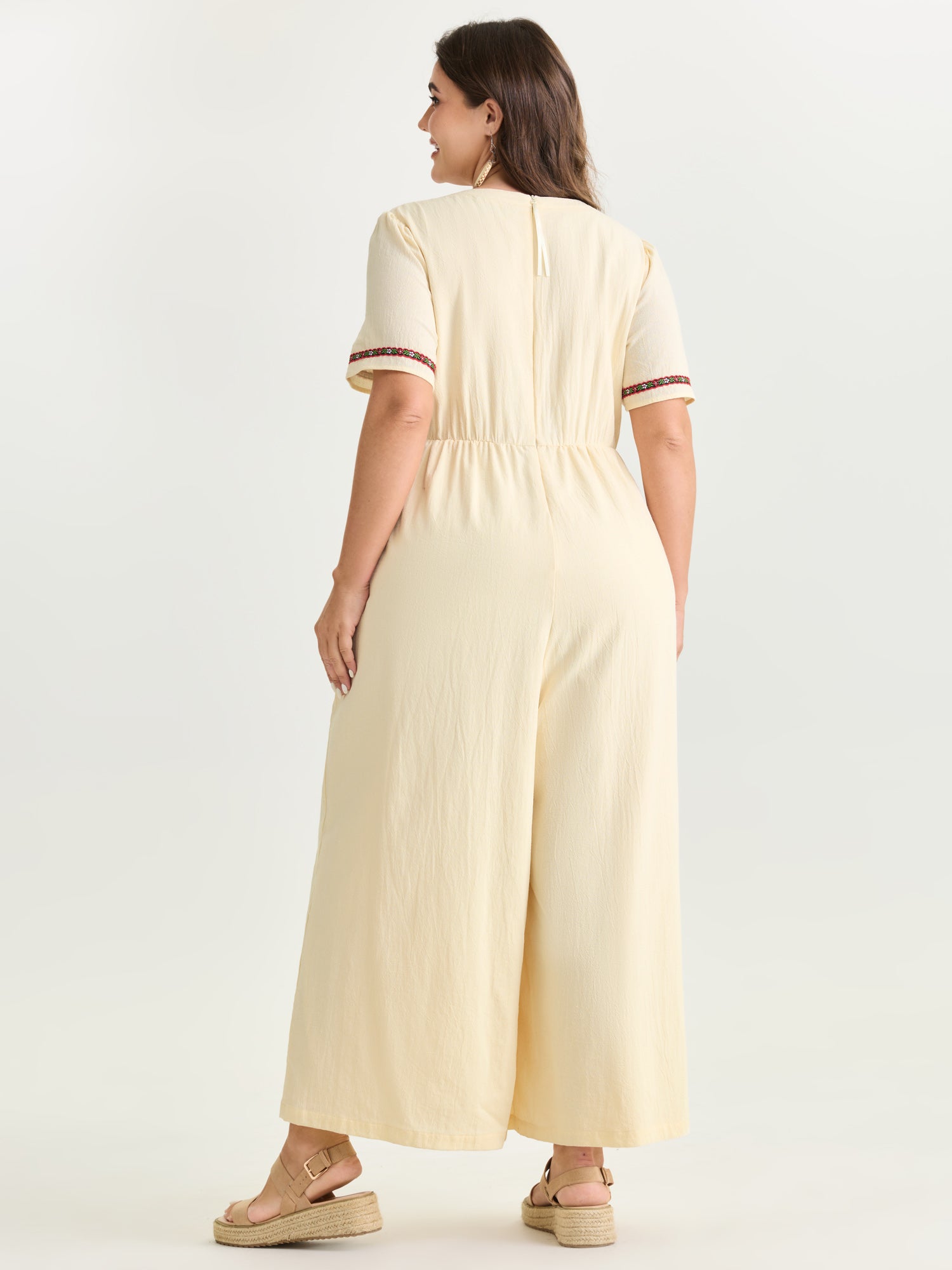 Floral Embroidered Tassel Waist Jumpsuit