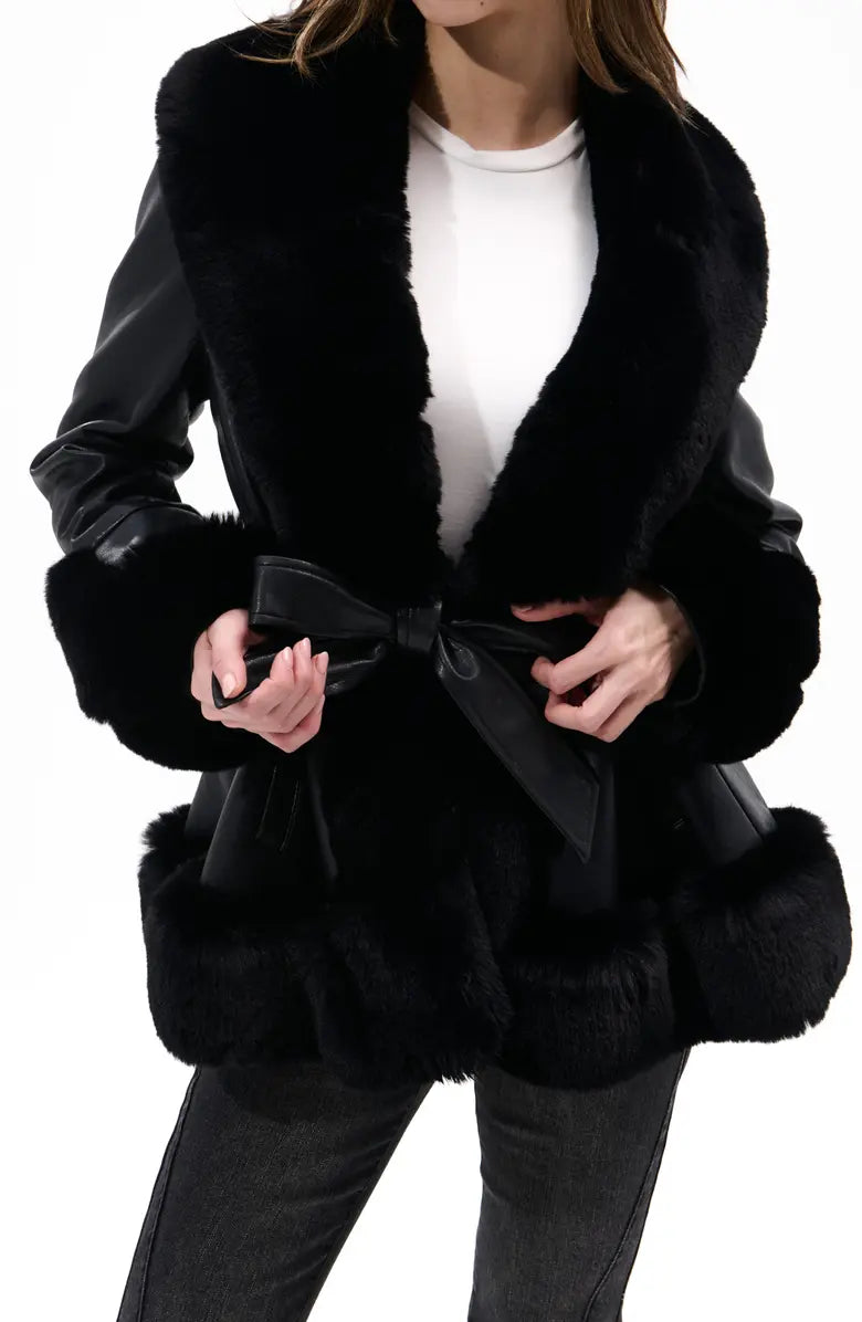 Clearance Sale*KENZY FUR TRIM PEPLUM MOTO IN BLACK BROWN