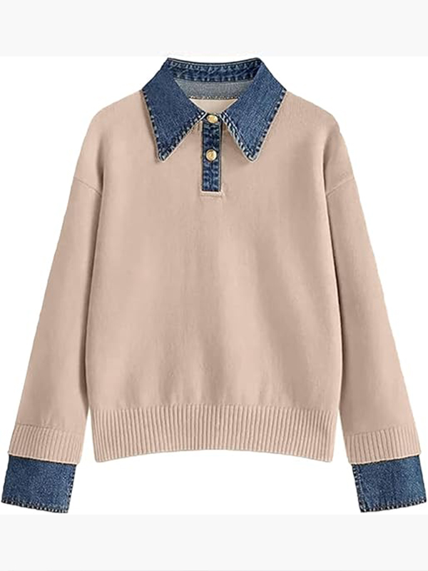 Women Laple Collar Denim Patchwork Sweater Casual Top