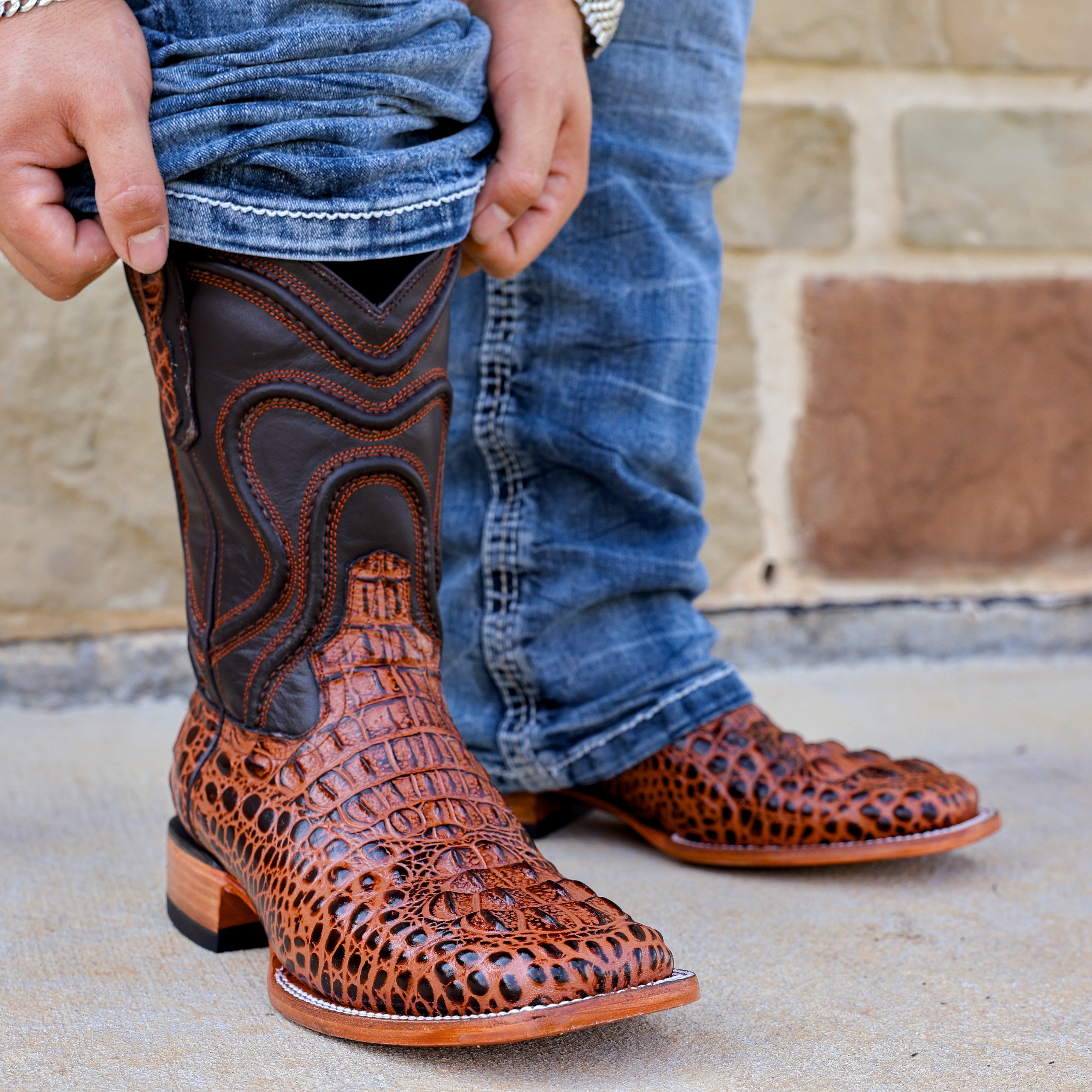Cognac Caiman Neck Leather Boots - Square Toe