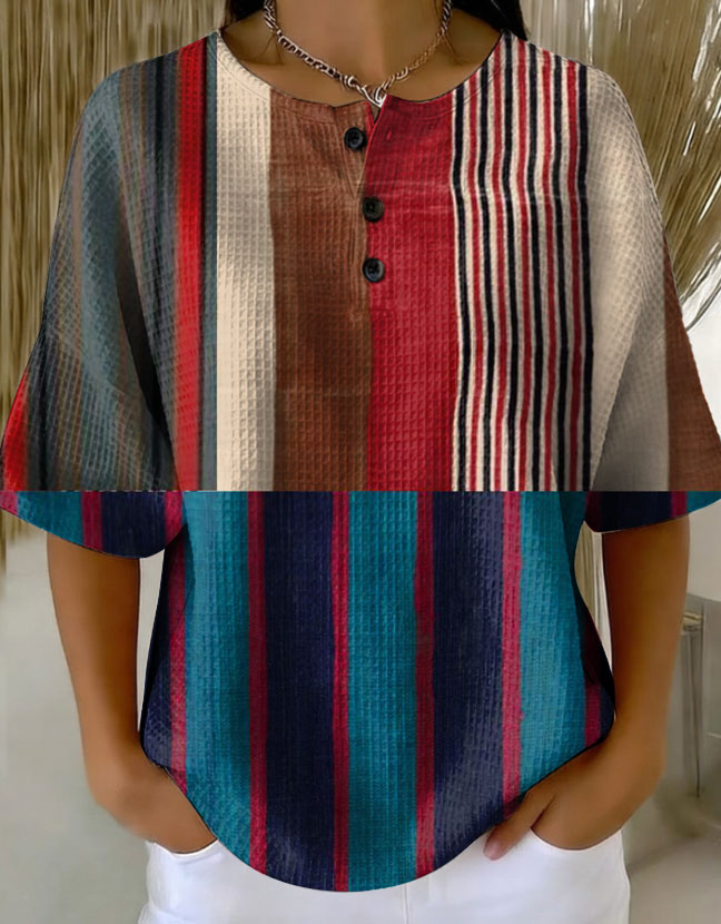 Women's Retro Multicolor Gradient Patchwork Abstraction Patterns Art Print Casual Waffle Cotton Shirt