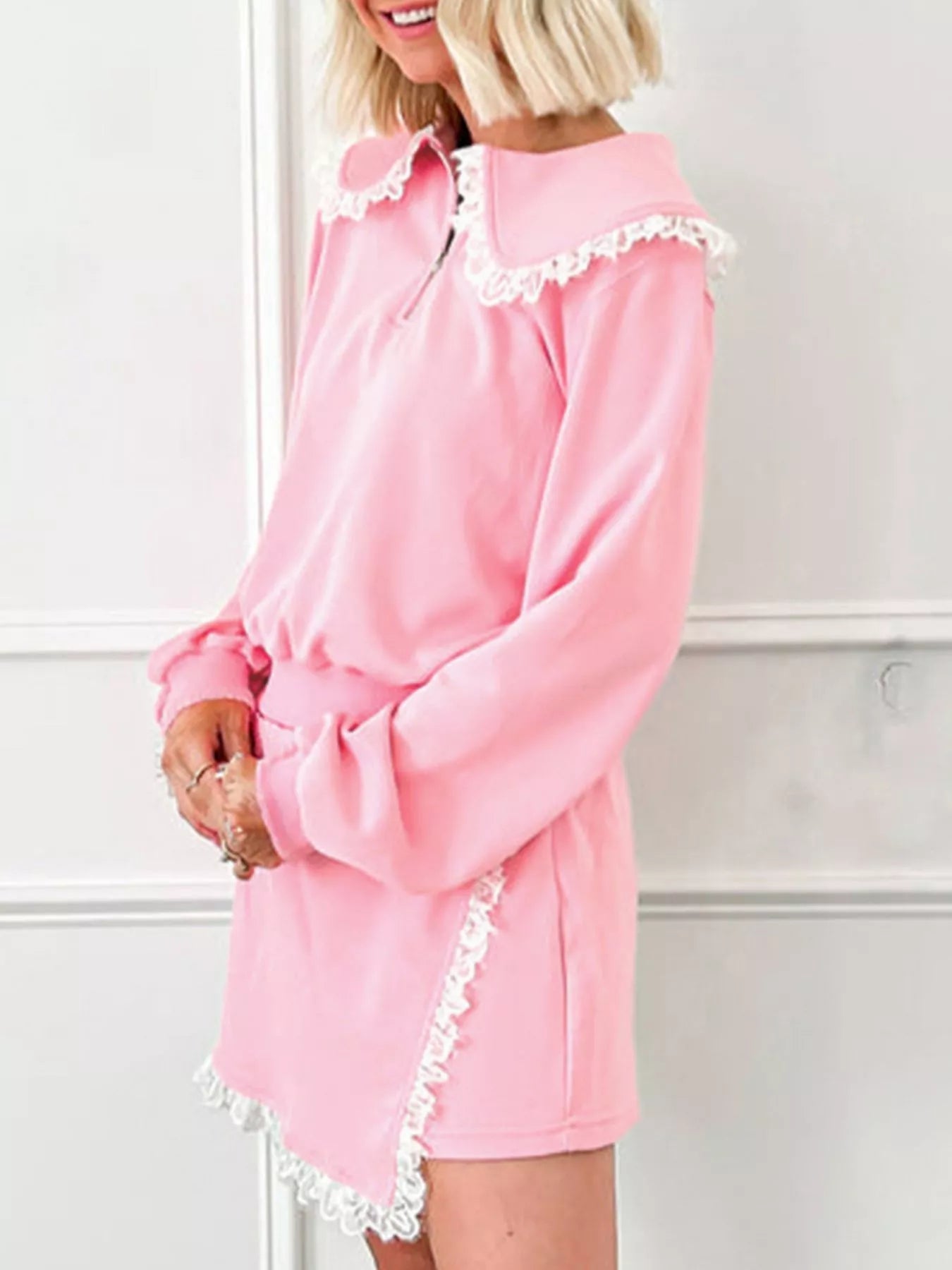 Peter Pan Lace Embellished Neck Sweatshirt and Skirt Two Piece Set