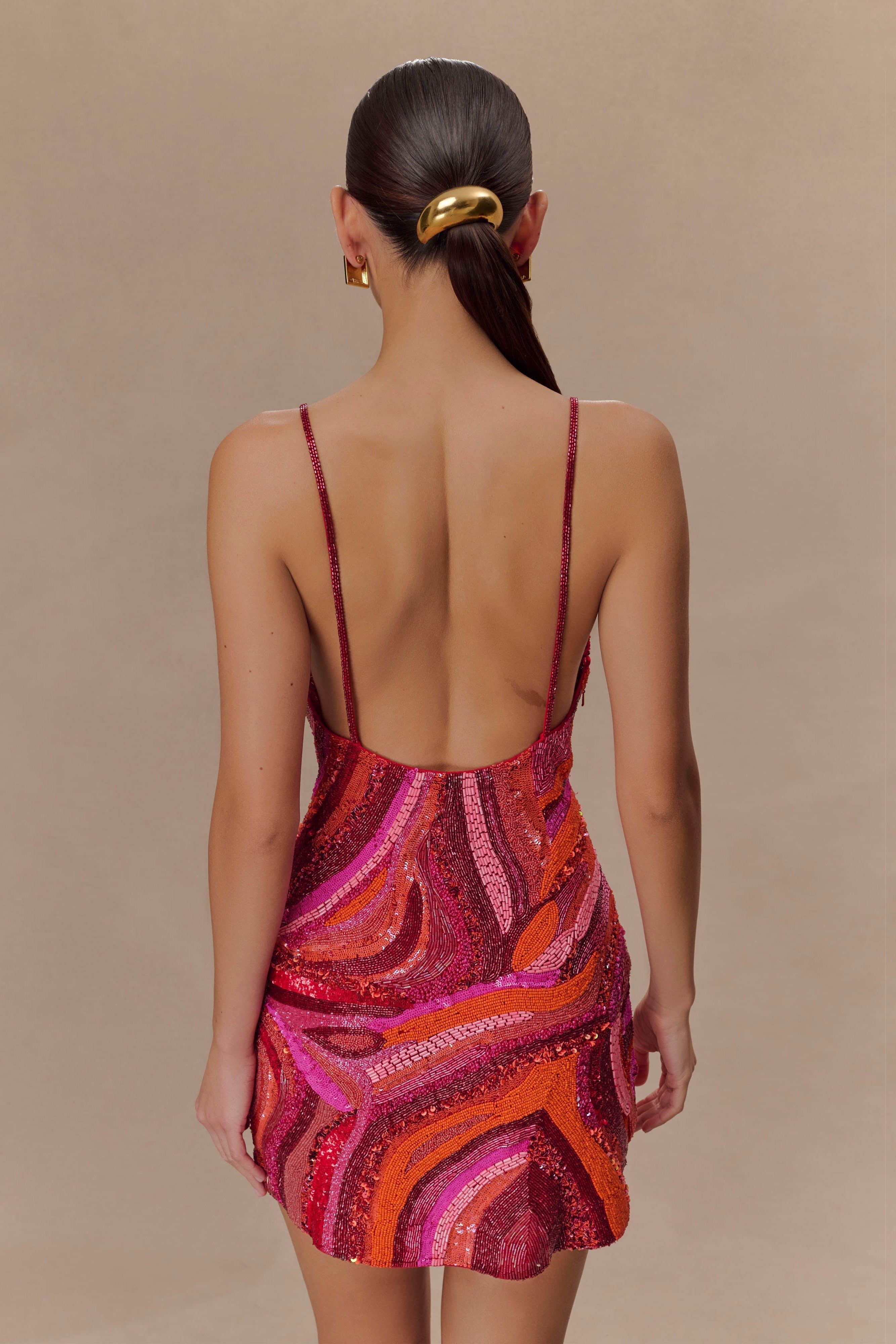 Print Hand Beaded Mini Dress