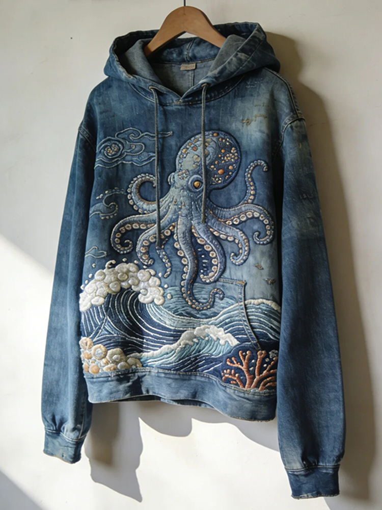 Men's Japanese-style Octopus With Wave Denim Print Casual Linen Shirt
