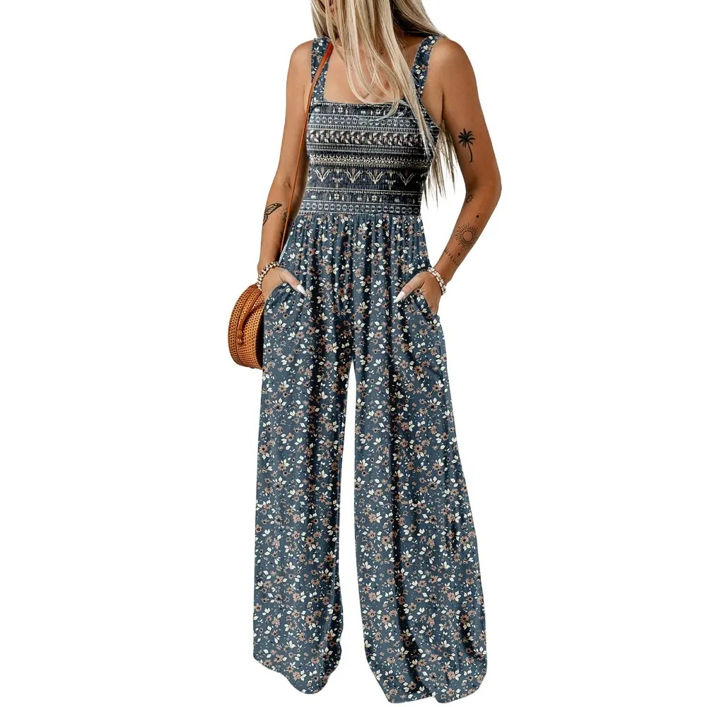 Women's Casual Loose Overalls Jumpsuits One Piece Sleeveless Printed Wide Leg Long Pant Rompers With Pockets