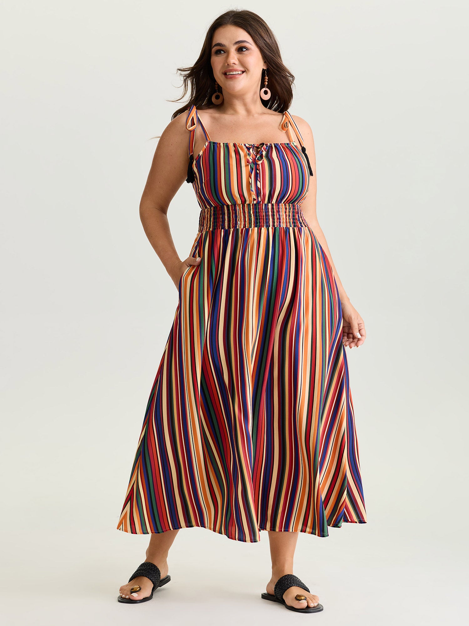 Colorful Stripe Shirred Waist Shoulder Tie Maxi Dress
