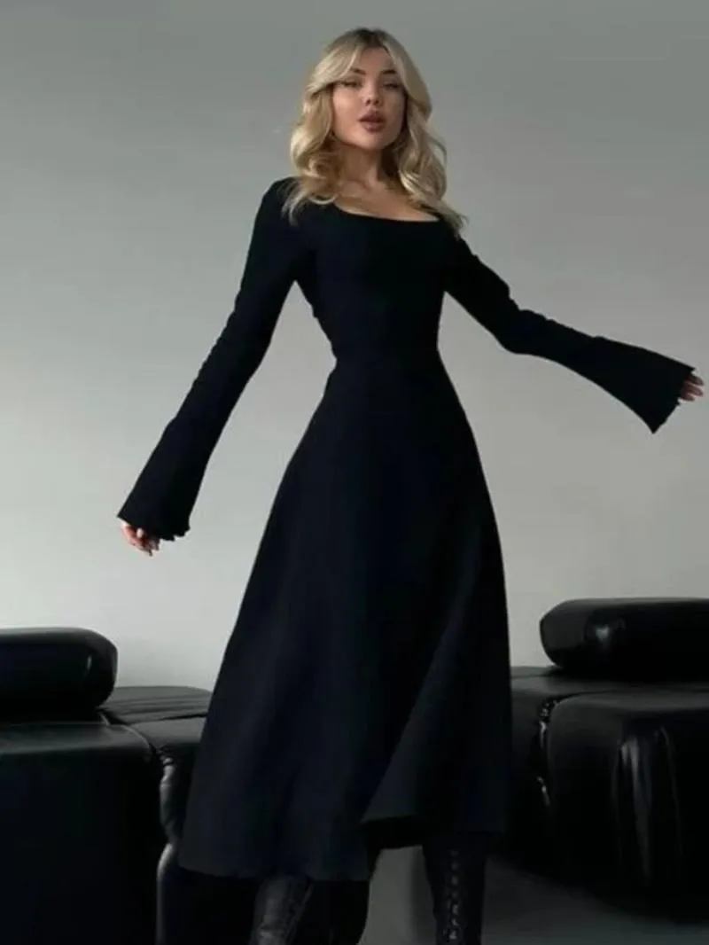 Women's Plain Lace Up Tie Back Flounce Sleeve Dress