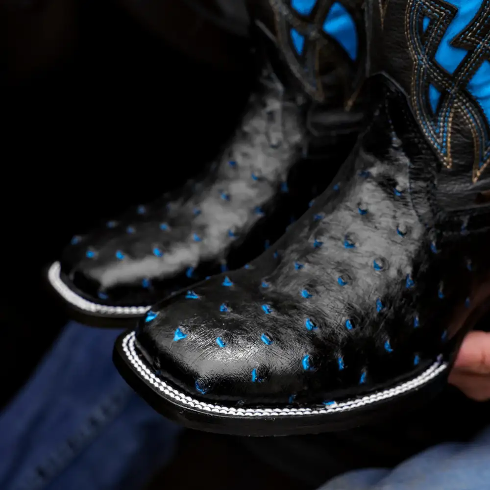 Black/Blue Ostrich Leather Boots - Square Toe