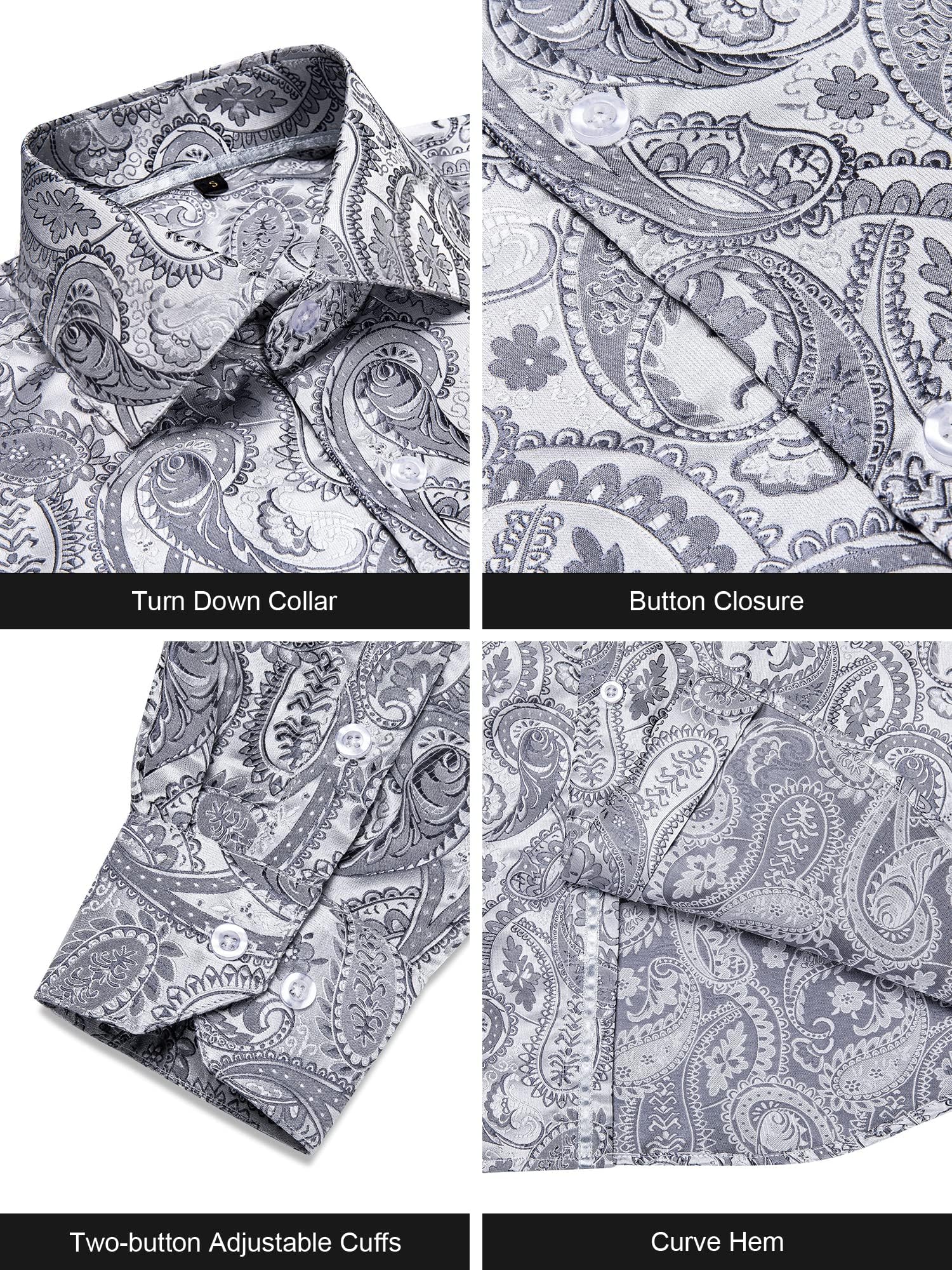 Men's Paisley Dress Shirt Long Sleeve Wrinkle Free Button Down Cowboy Shirts - Silver Grey&paisley