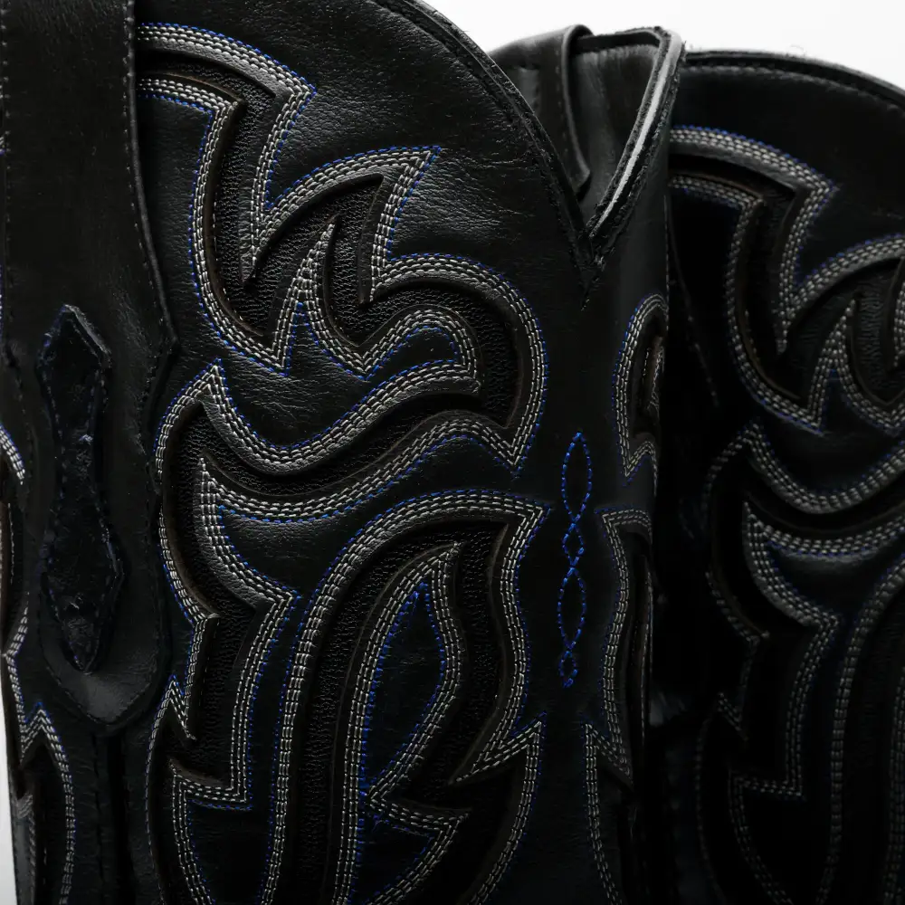 Black/Blue Ostrich Leather Boots - Square Toe