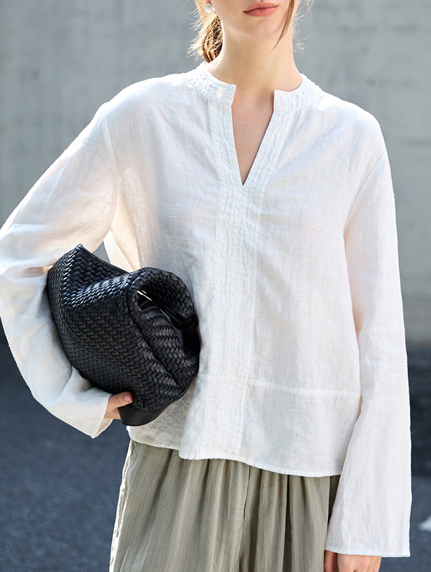 Pure Linen V Neck Long Sleeve Work Tee_CWTBLL02353