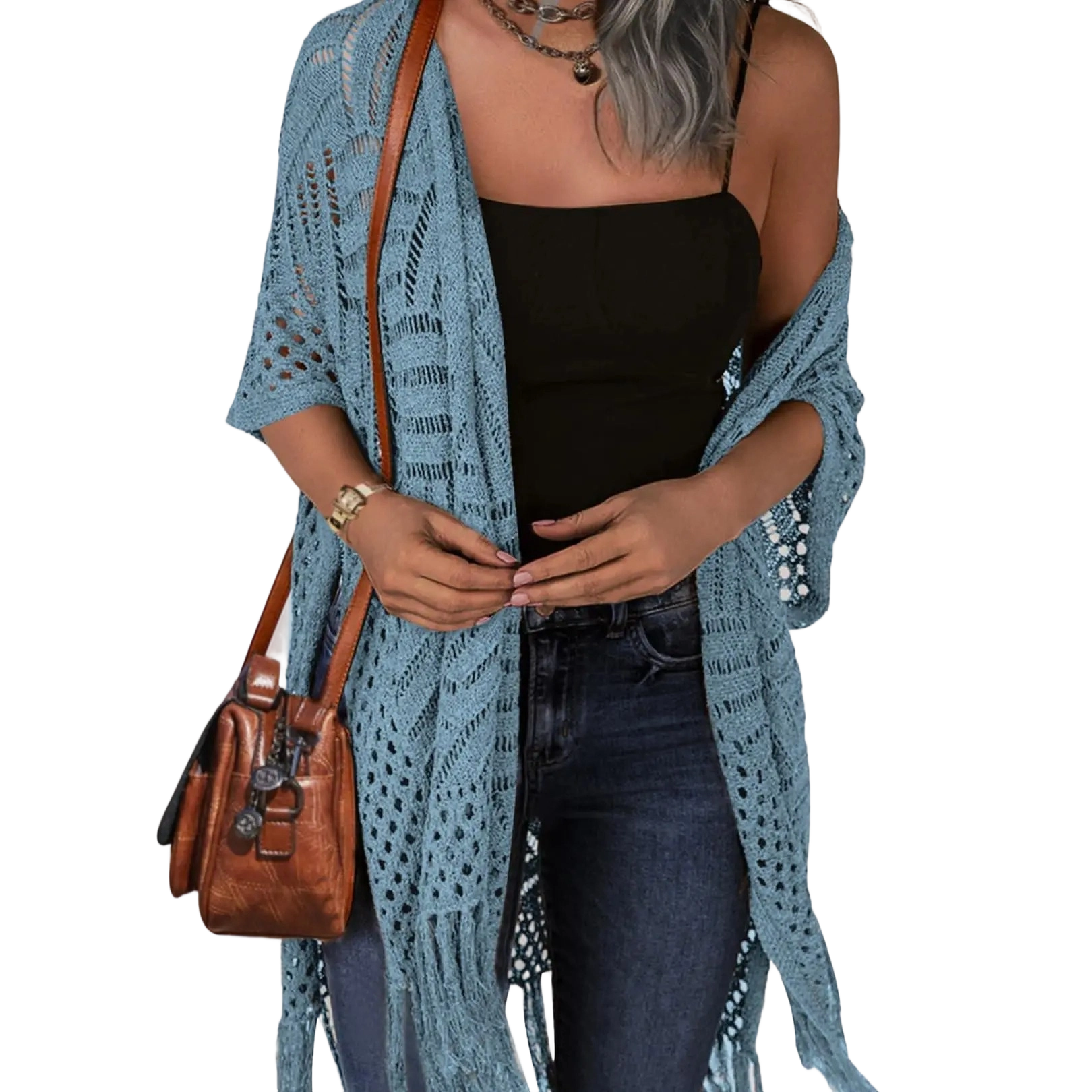 Womens Knit Cardigan Open Front Outwear New Spring & Summer Hollow Out Crochet Tassel Lightweight Kimonos Sweater