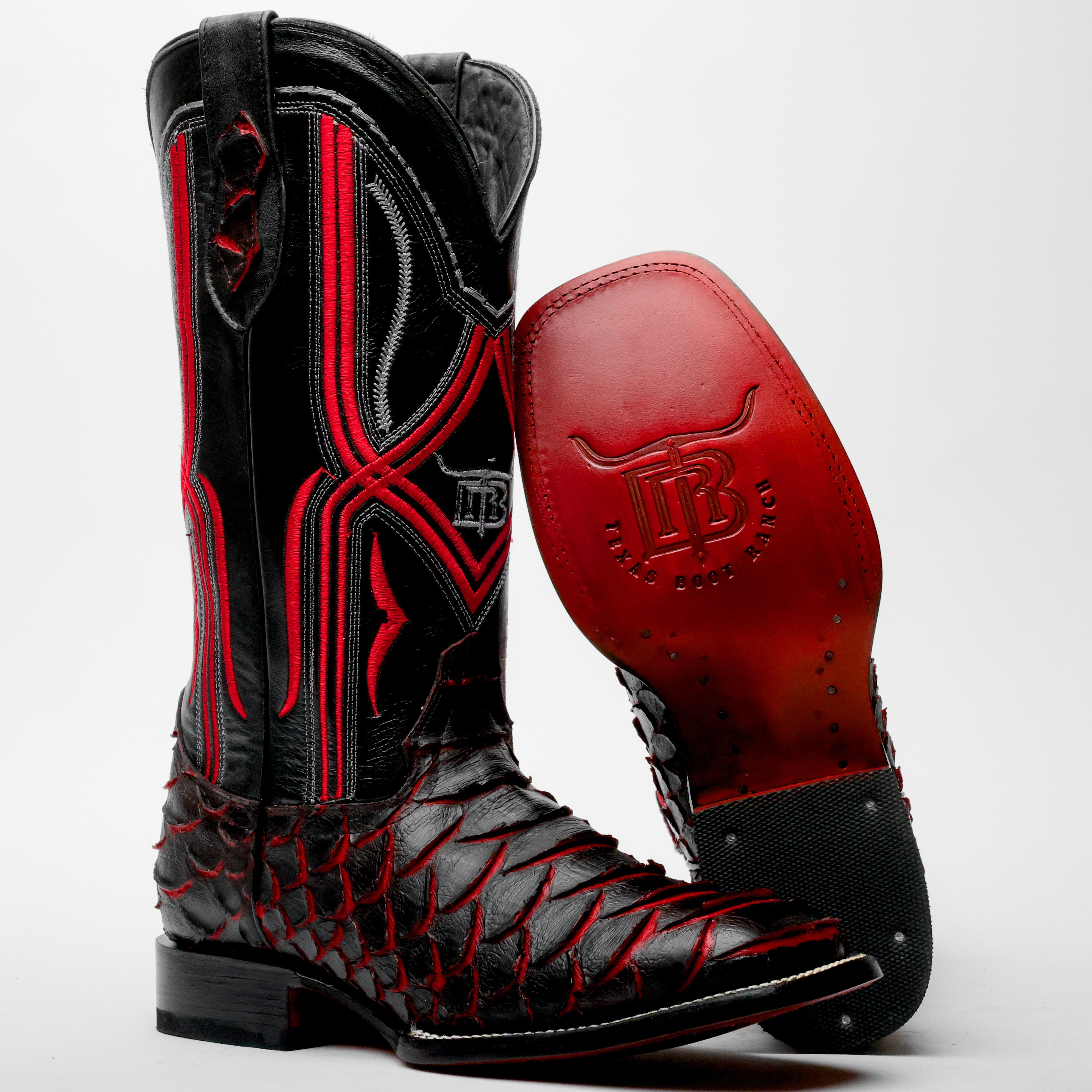 Black/Red Jumbo Python Leather Boots - Square Toe