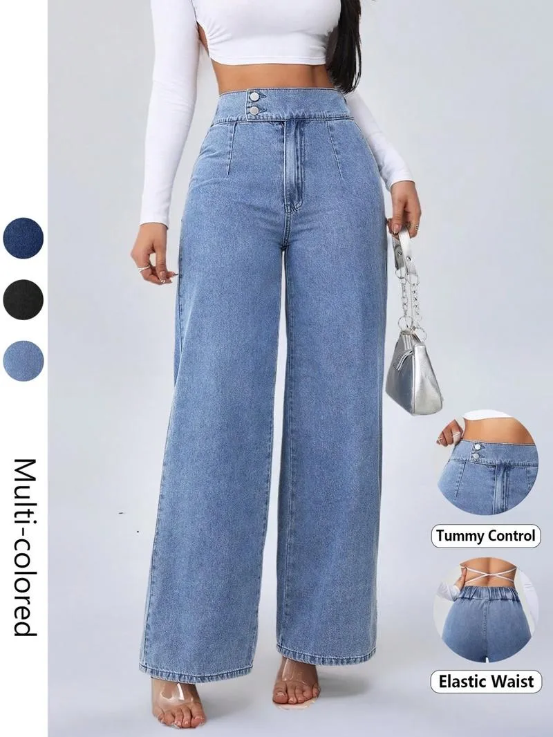 Women's Vintage Elegant High Waist Wide Leg Jeans, Button Front Elastic Waist Loose Fit