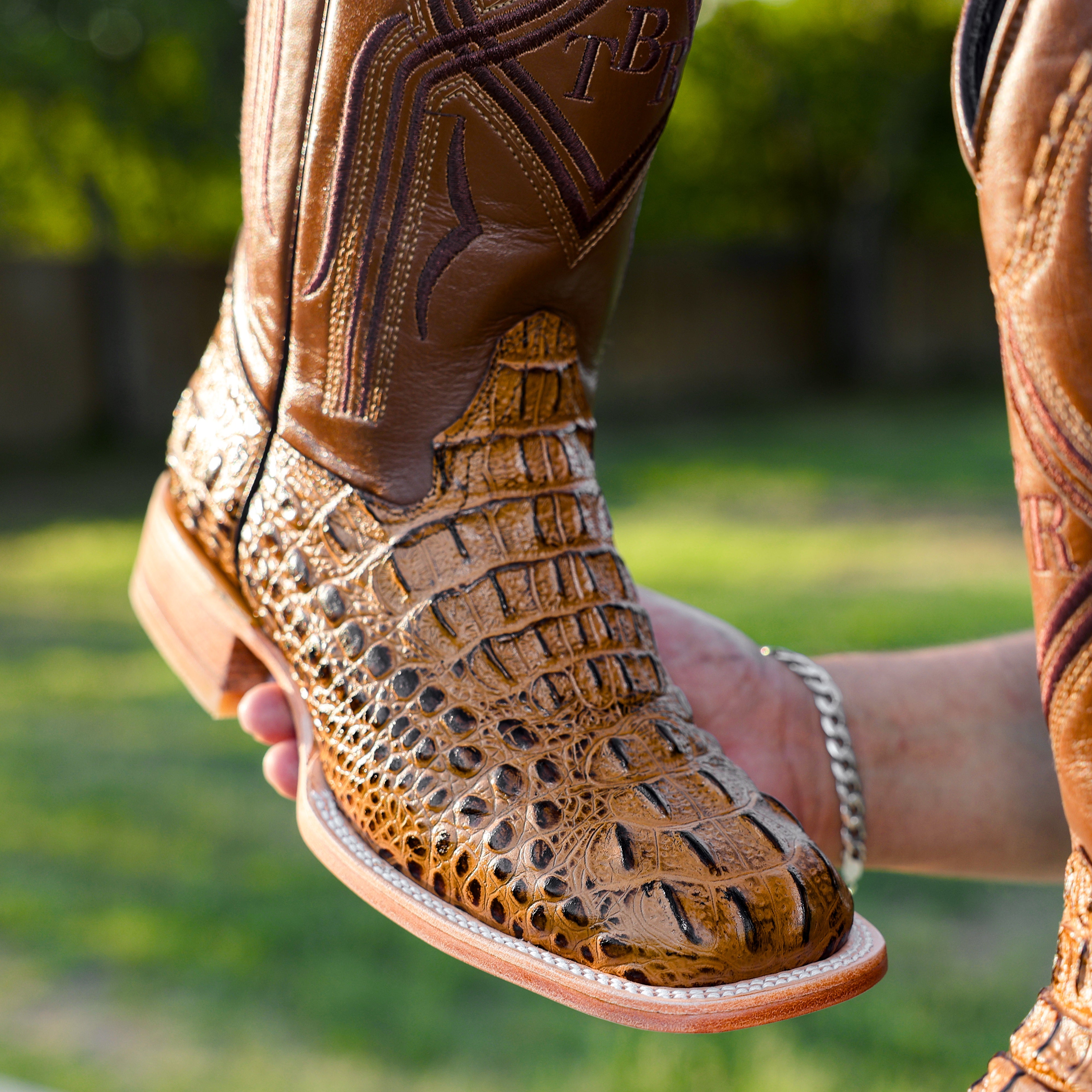 Honey Caiman Neck Leather Boots - Square Toe