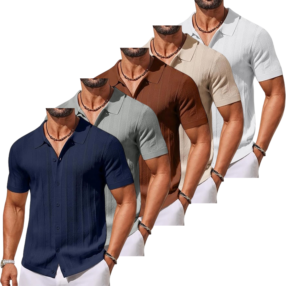 Men's Knit Button Down Shirts Short Sleeve Polo Shirt Casual Vacation Summer Beach Shirts