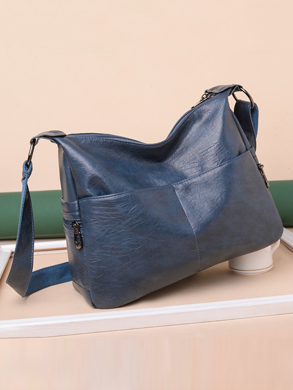 Vintage Solid Color Split-Joint Leather Shoulder Bag