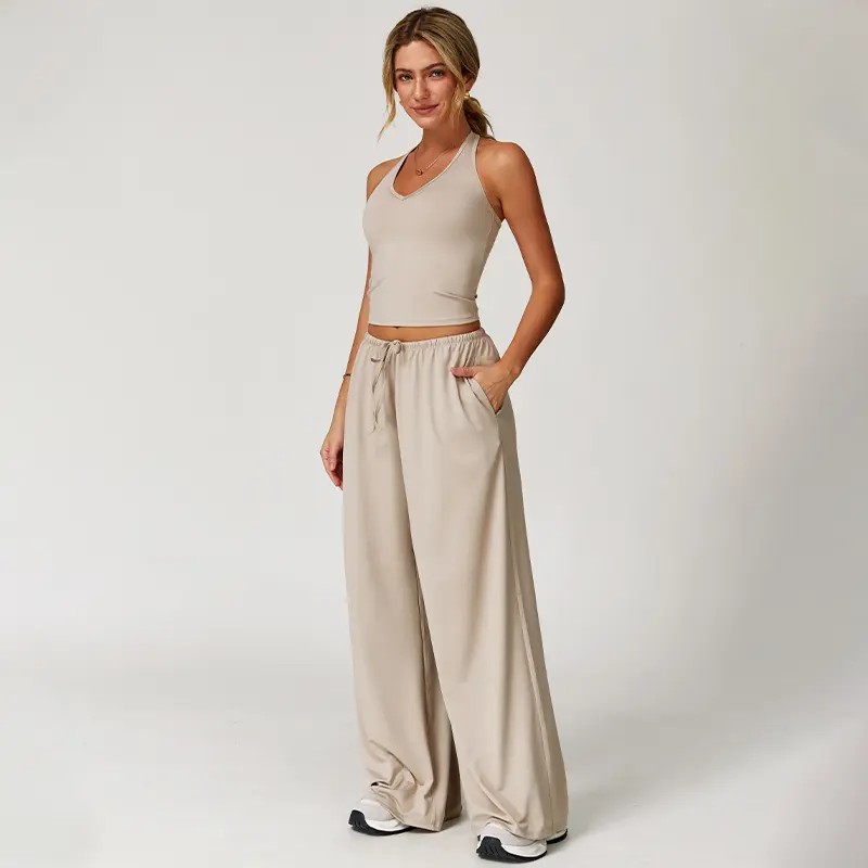 Mother's Day Gifts, Matching Sets Women 2 Piece Sets Summer Casual V Neck Top Wide Leg Pants Womens Holiday Travel Wear Fabric Breathable Summer Casual Clothing Sportswear Gym Sets Casual Loose Long Pant