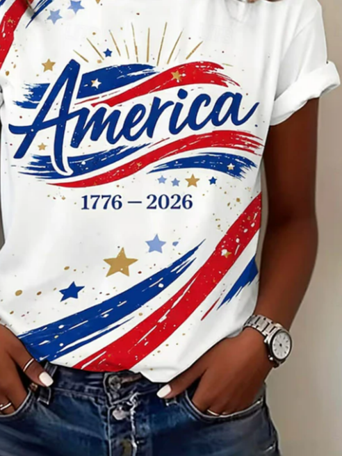 Women's Short Sleeve T-shirt Summer White Independence Day (Flag) Printing Jersey Crew Neck Daily Going Out Casual Top