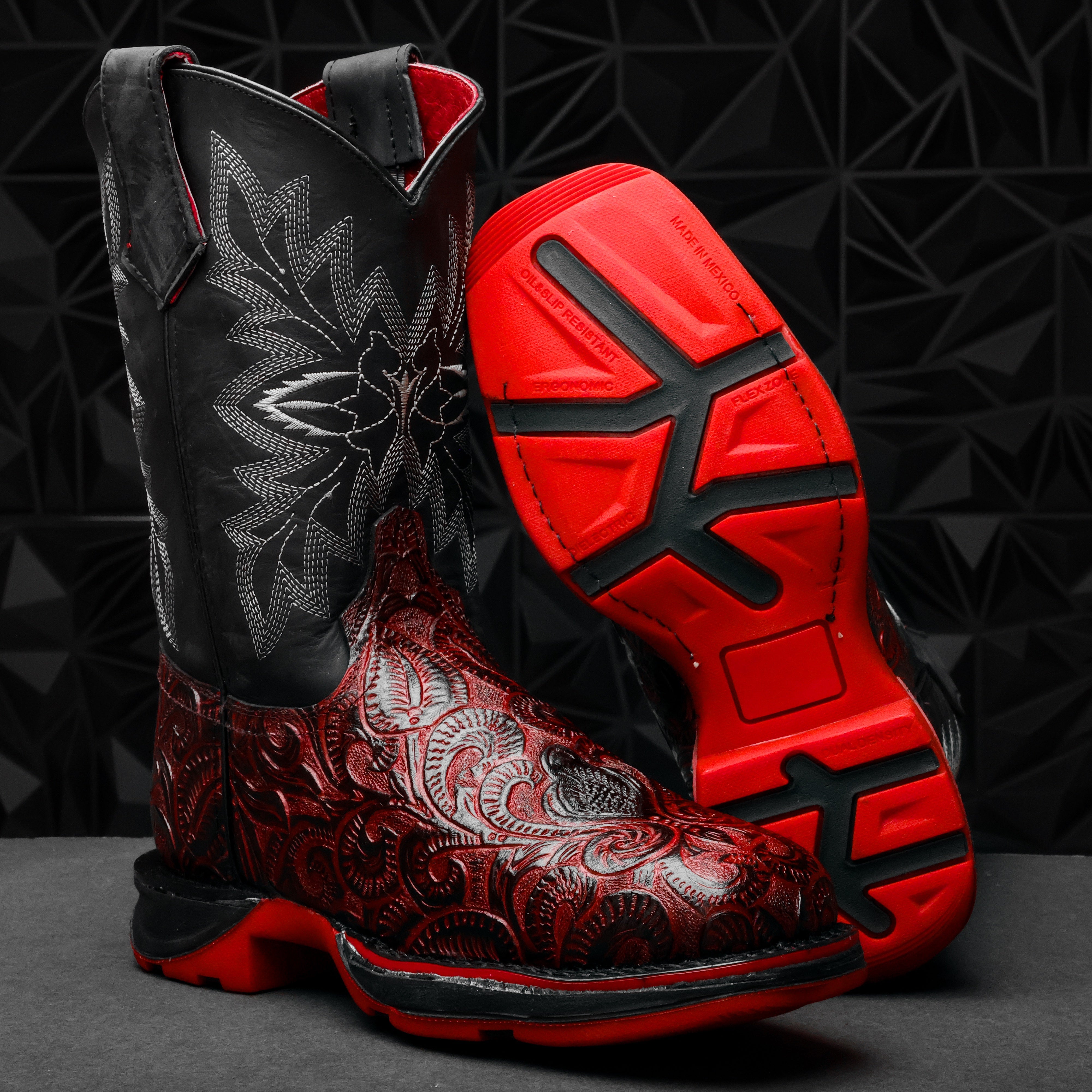 Black Cherry Hand-Tooled Leather Boots With 3D Lightweight Sole - Composite Toe