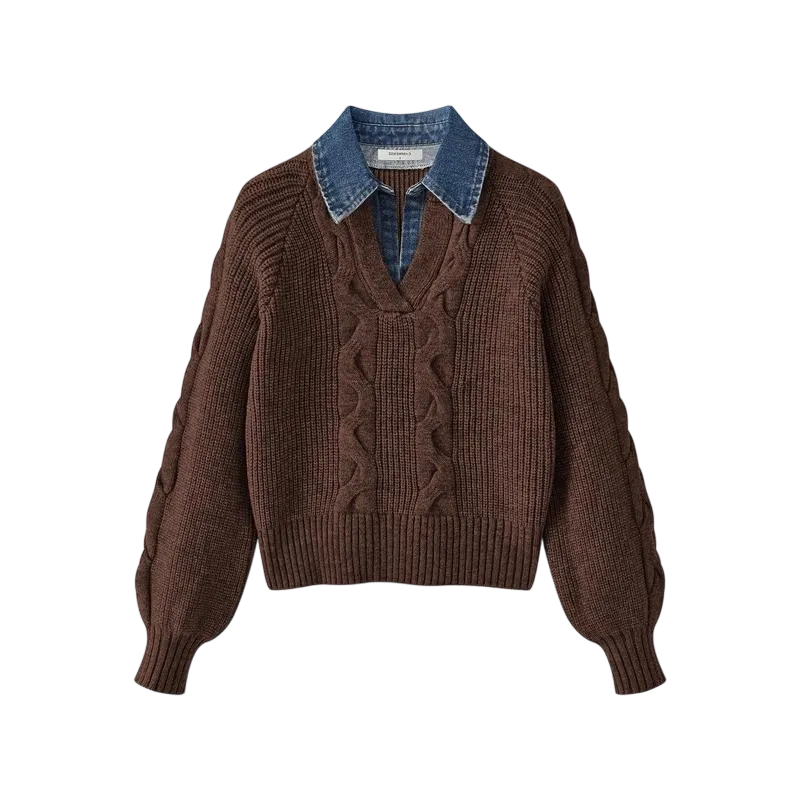 Denim Panel Ribbed Lapel Sweater