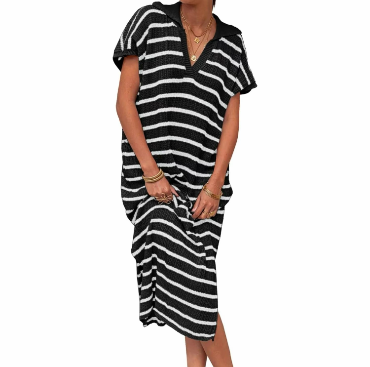 Women's Striped Summer Dress – V-Neck Short Sleeve Knit Collar Loose Maxi Dress with Slit
