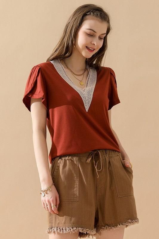 Gold Lace V Neck Ruffle Short Sleeve Top