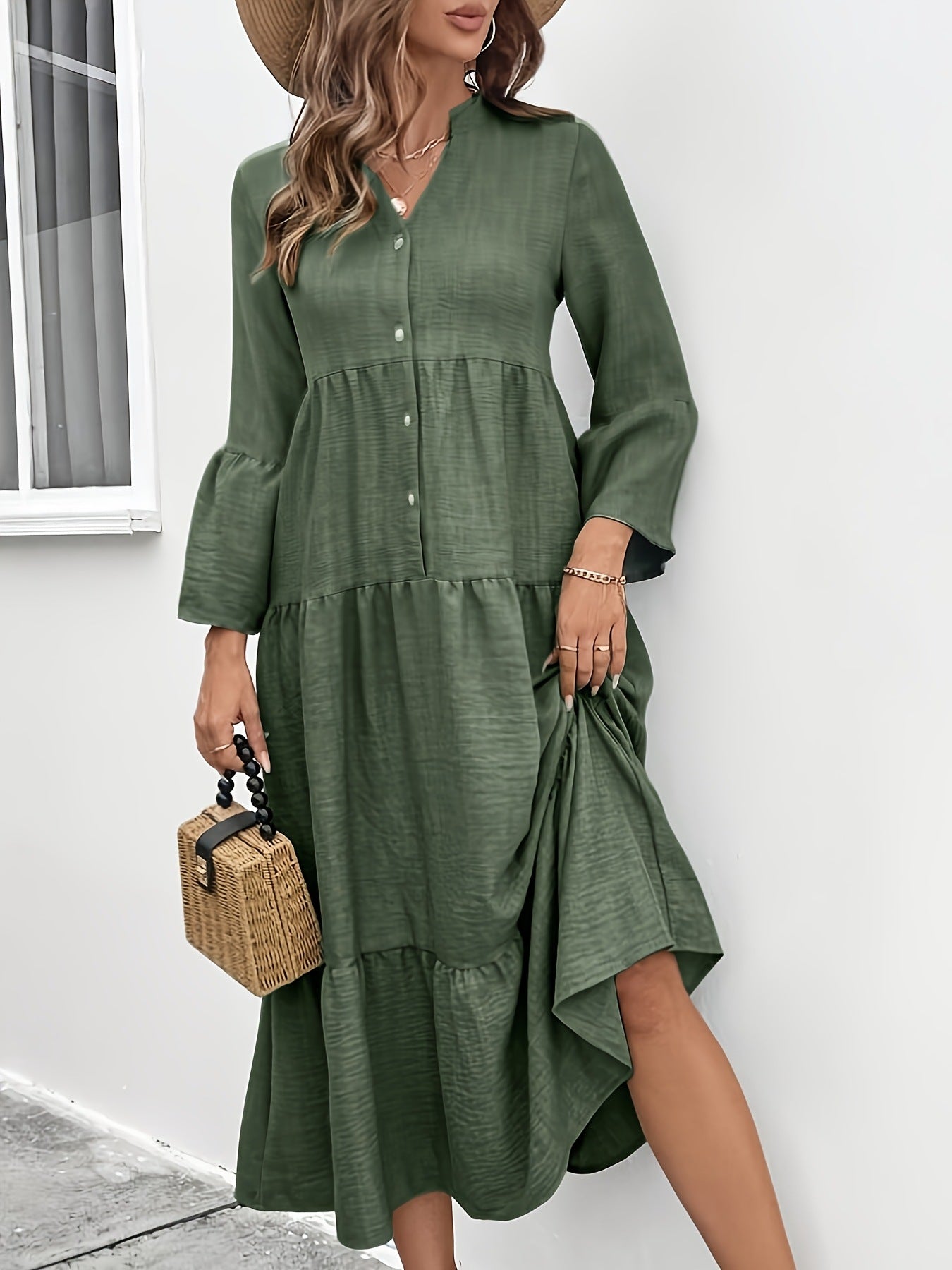 Button Front Tiered Midi Dress