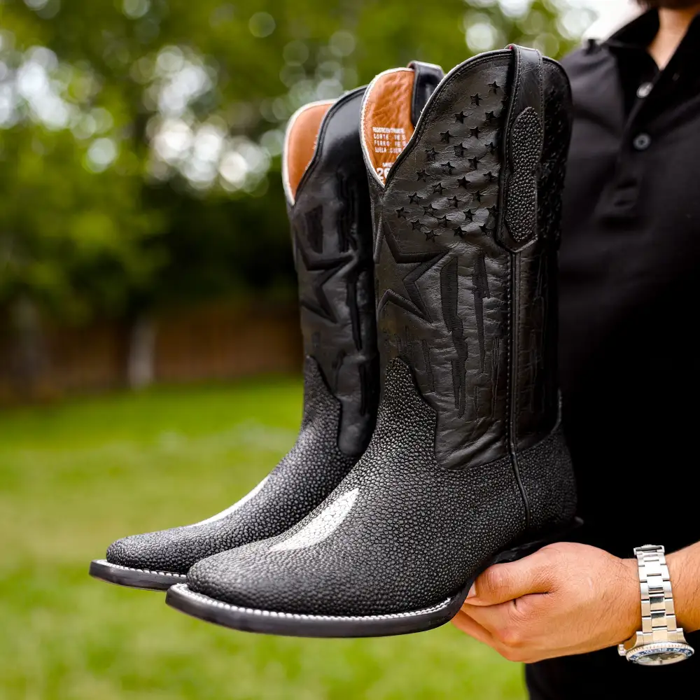 Black Stingray Leather Boots - Square Toe
