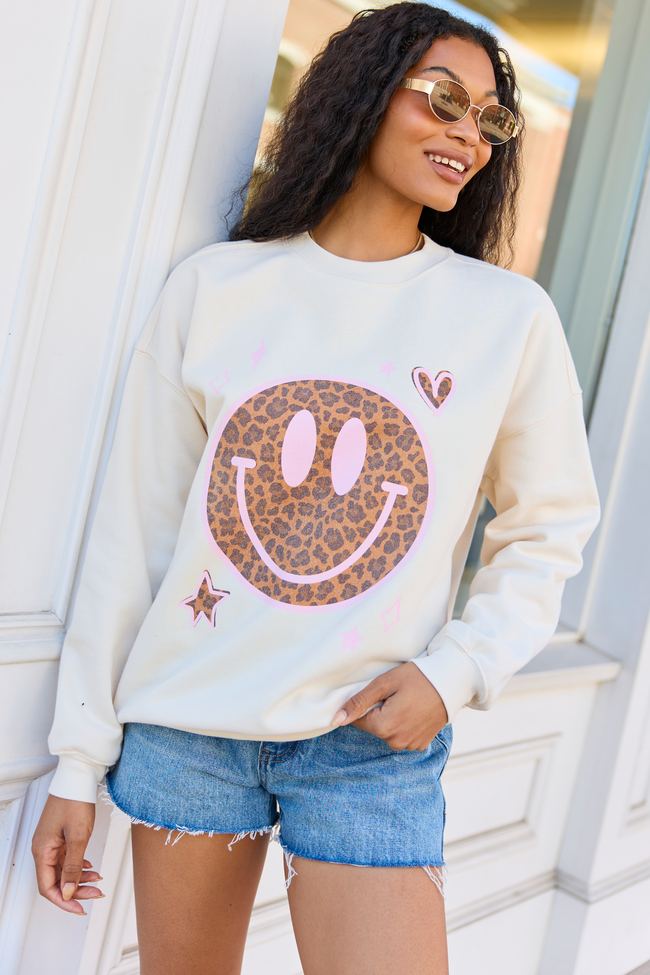 Leopard Smiley Face Cream Graphic Sweatshirt