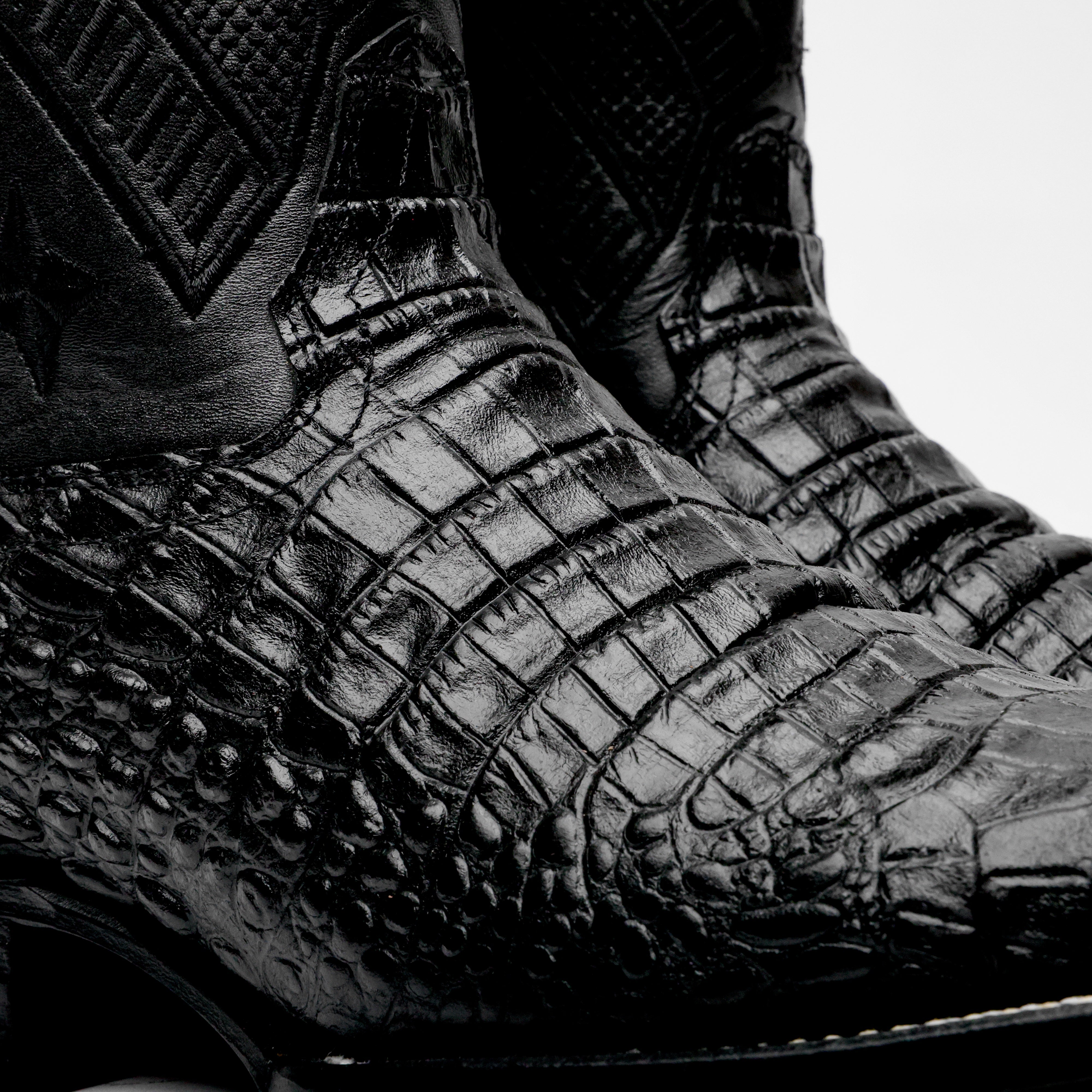 Total Black Caiman Belly Leather Boots - Square Toe