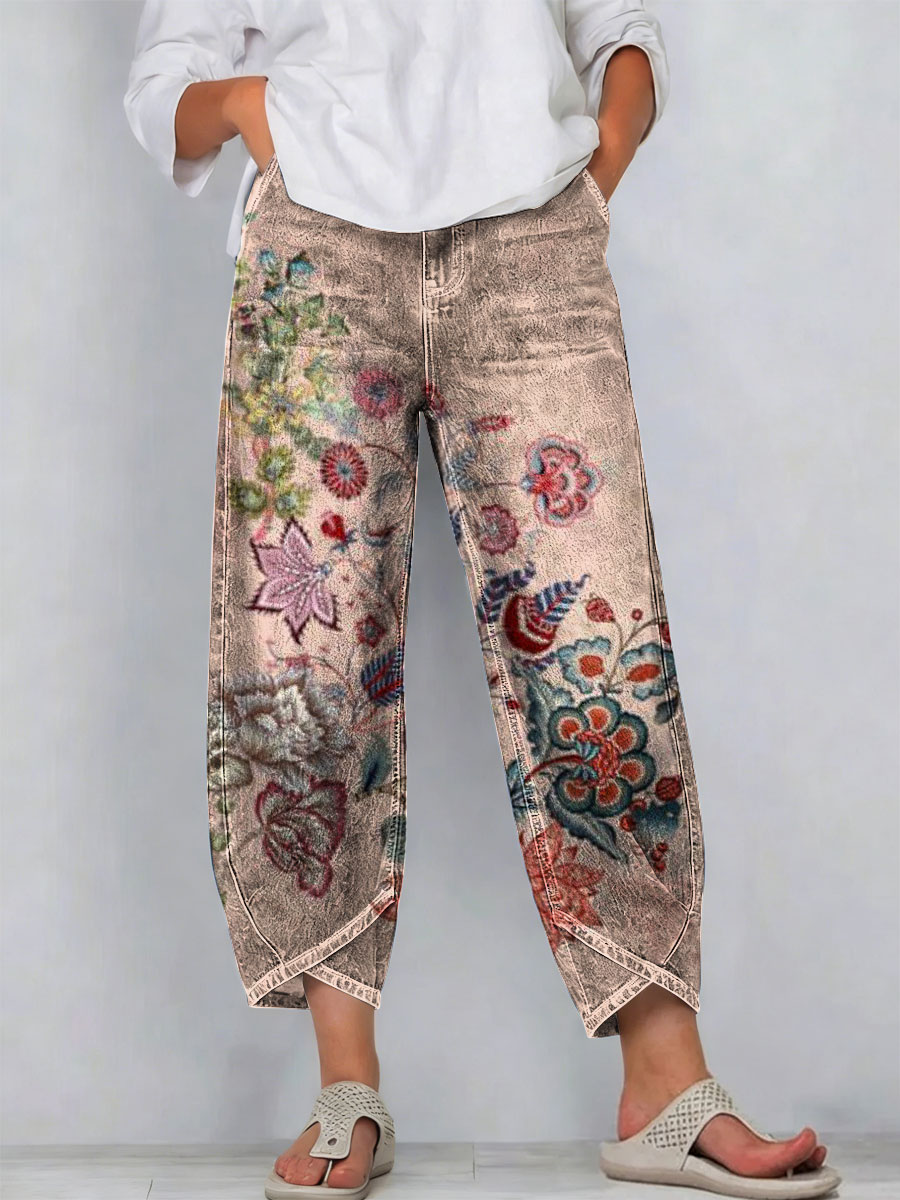 Women's Vintage Flowers Floral Patterns Art Prints Casual Denim Cotton Pants