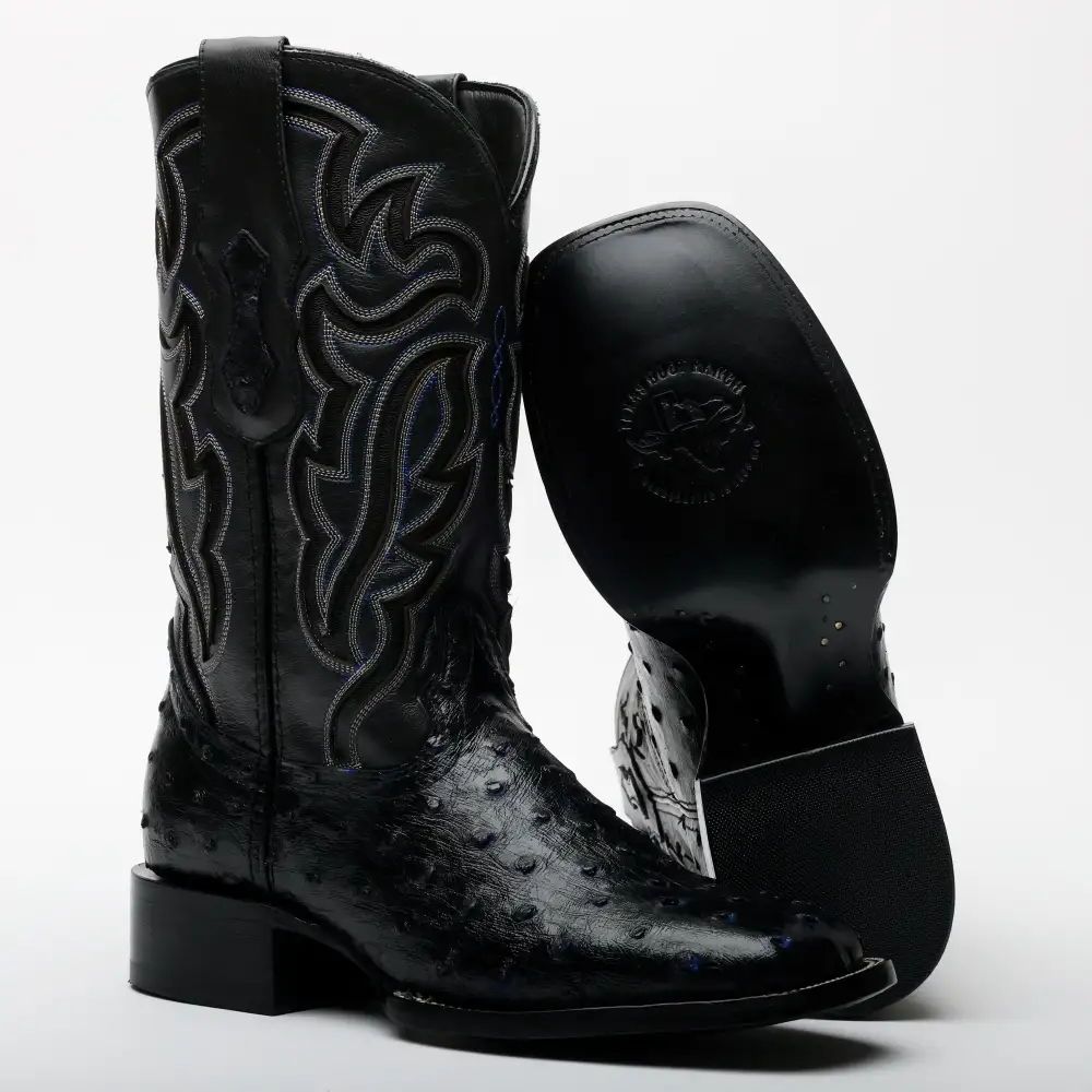 Black/Blue Ostrich Leather Boots - Square Toe