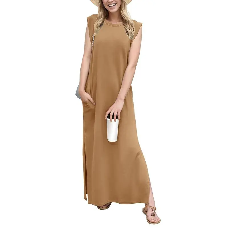 Women Loose Split Wrinkle-Free Long Dress with Pockets