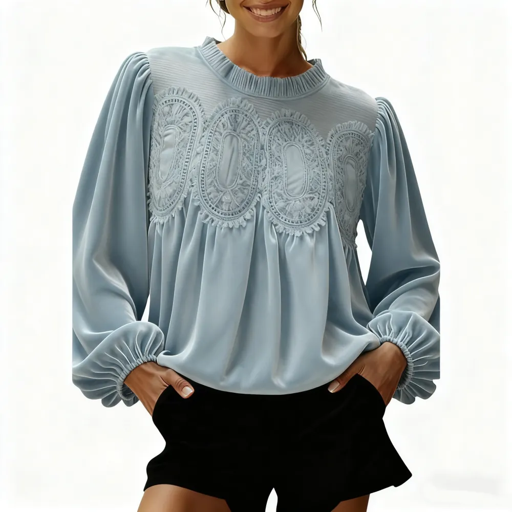 Women's Elegant Long-Sleeve Lace Velvet-Trim Swing Blouse