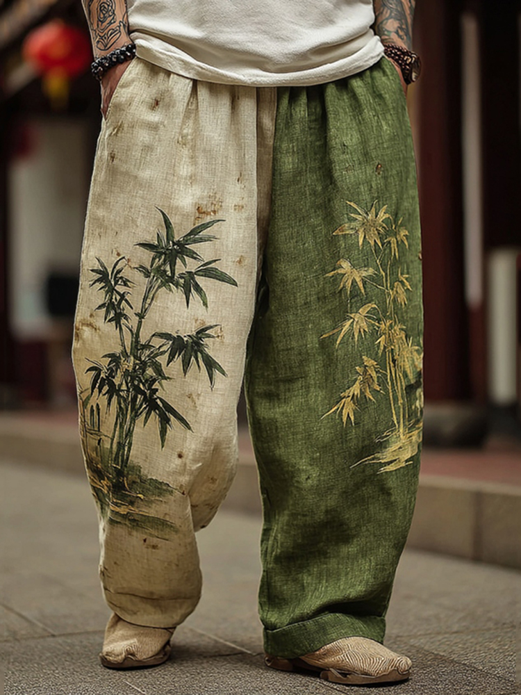 Men's Japanese Bamboo Art Contrast Wide Leg Linen Pants