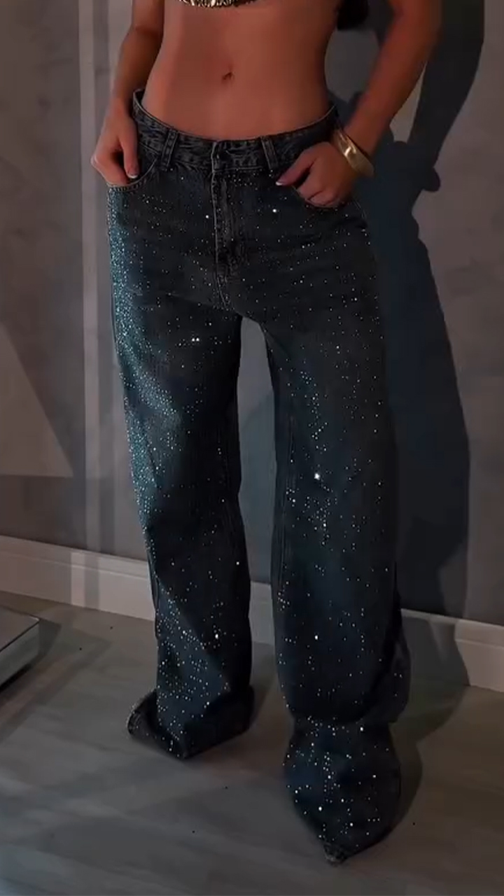 Women Rhinestone Washed Casual Jeans