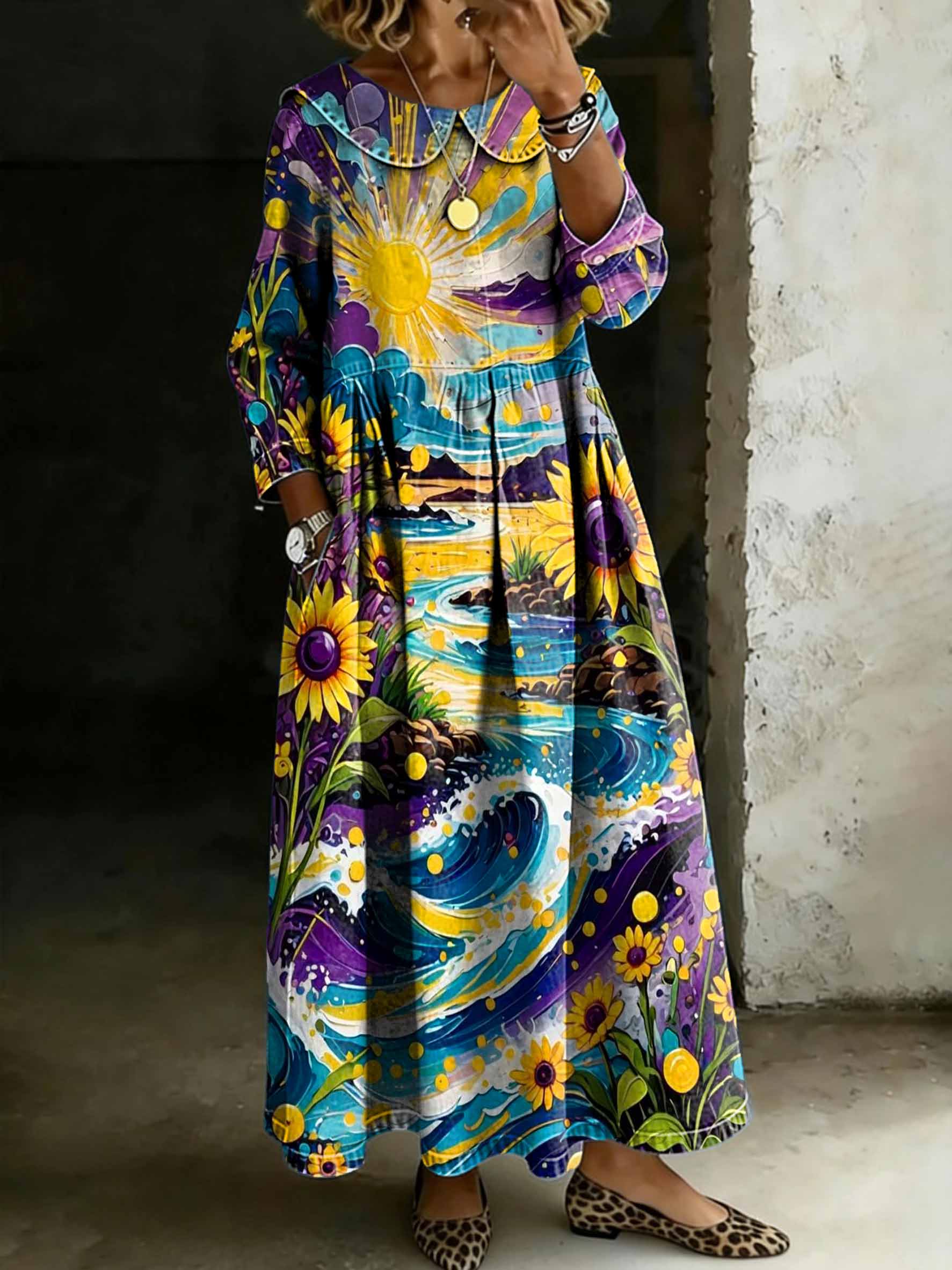 Women's Colorful Sunflower Art Print Lapel Collar Pleated Long Sleeve Casual Loose Denim Dress