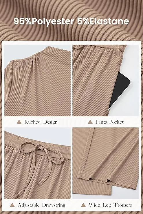 Two-piece ribbed knit long-sleeved cropped top and wide-leg pants