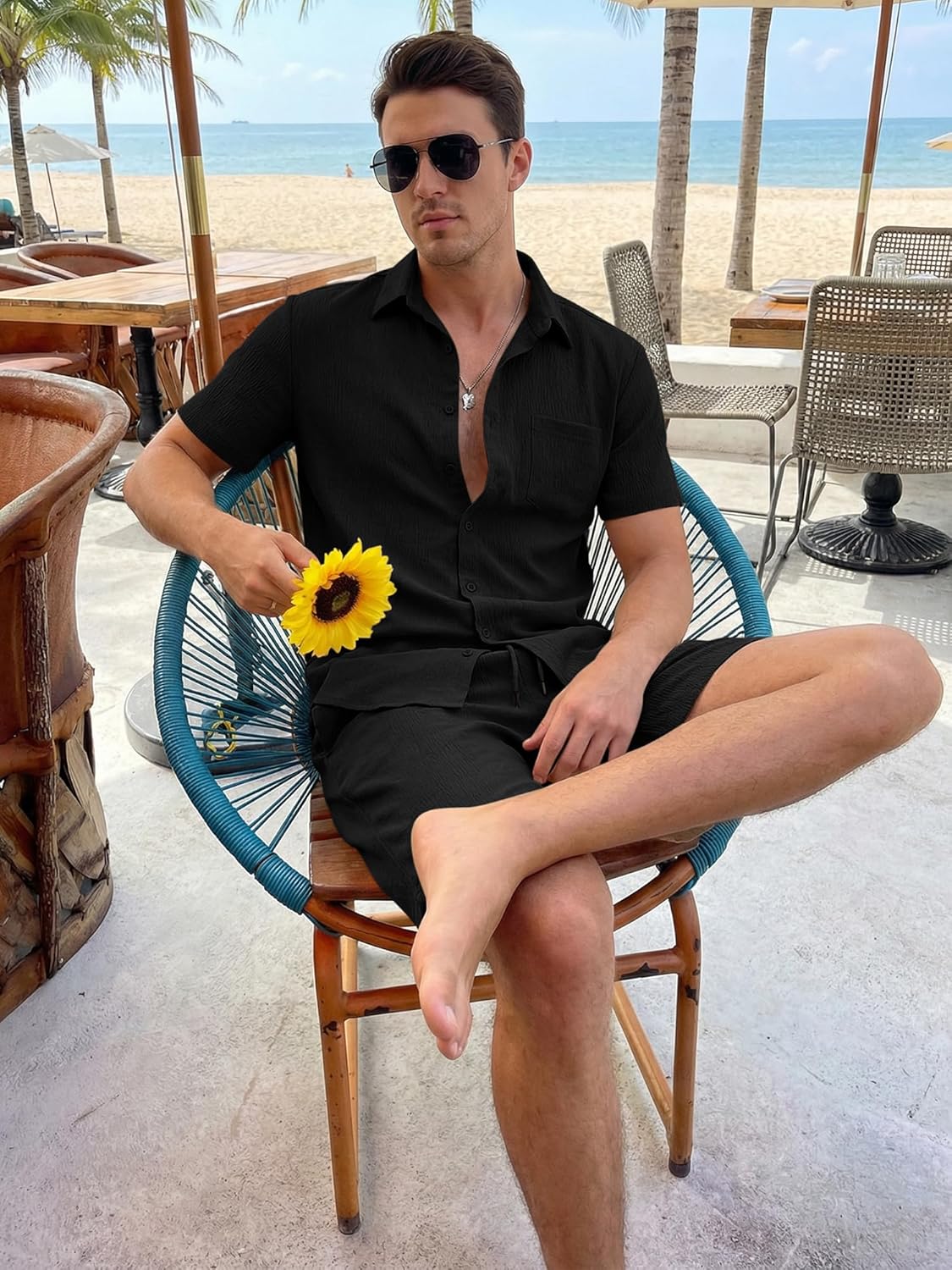 Mens 2 Piece Short Sets Short Sleeve Shirts and Shorts Summer Beach Vacation Texture Outfits