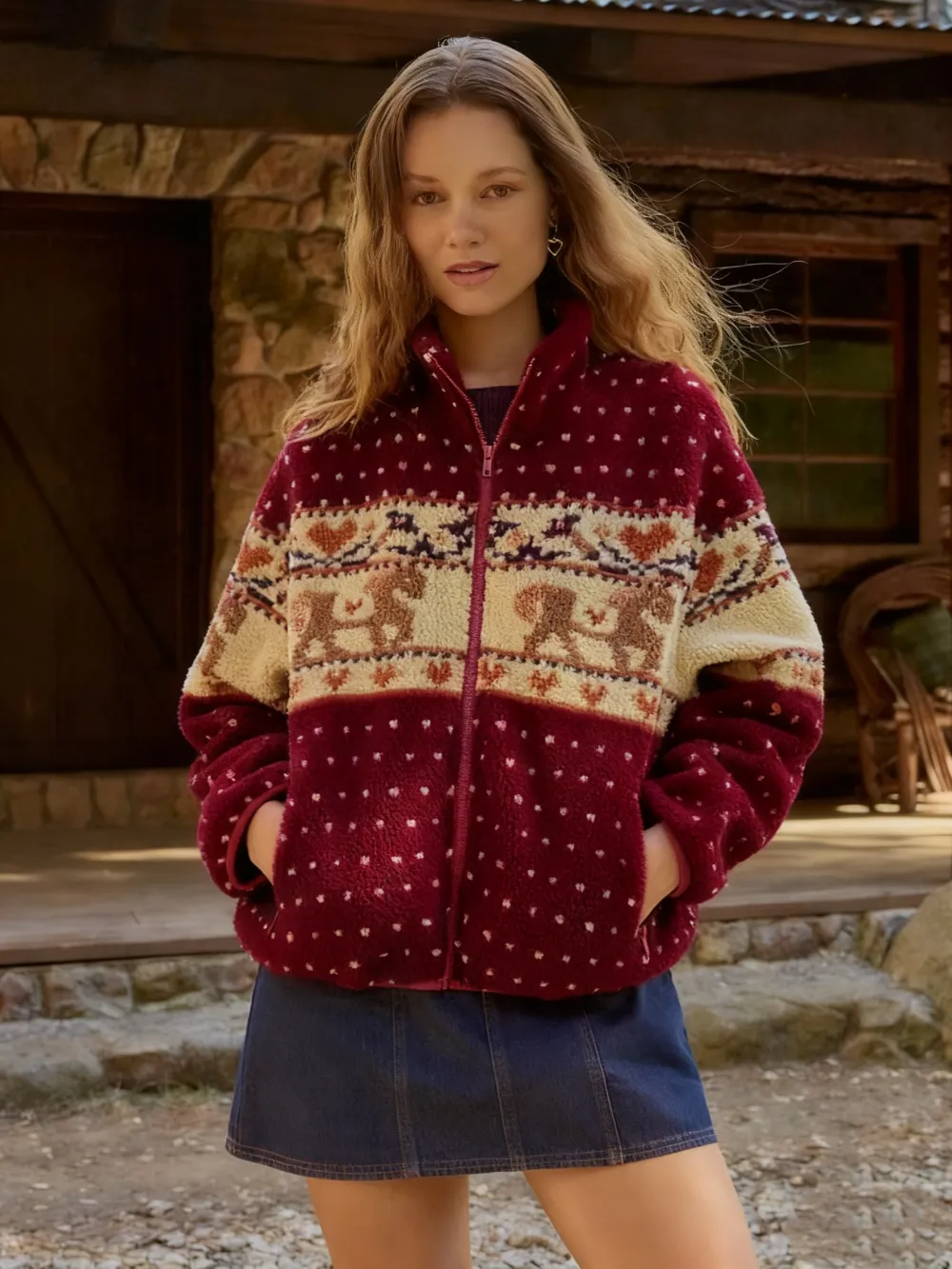 Merry Chrismas Fleece Collar Graphic Jacket