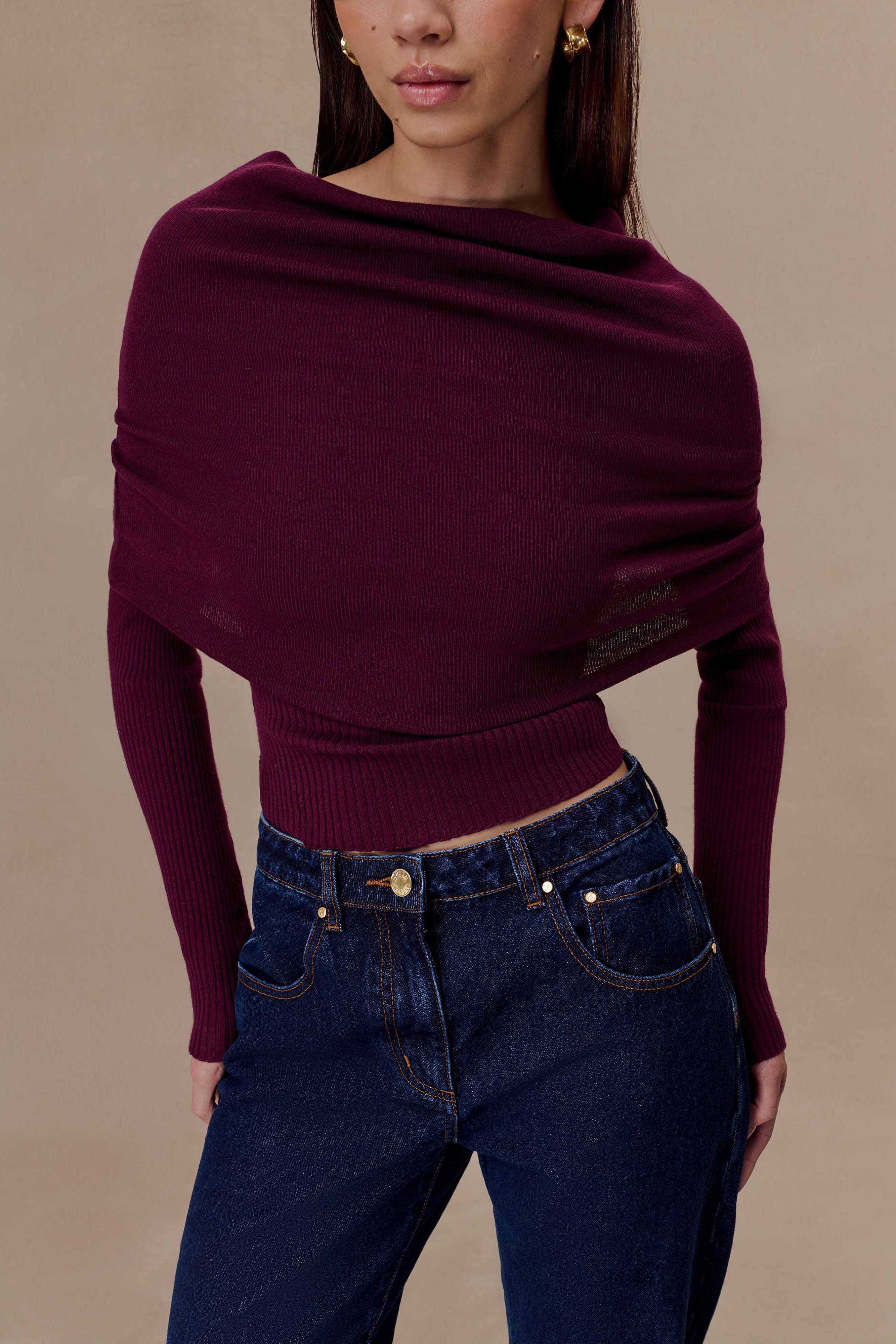 Plum Asymetrical Cashmere Blend Long Sleeve Knit Top