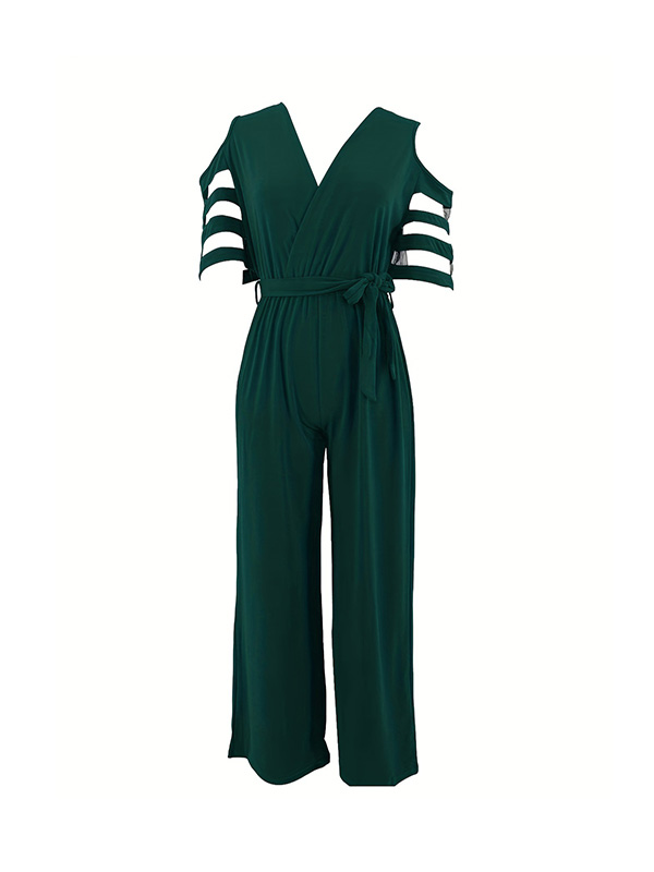 Hollow Mesh Solid Color Tied Waist High Waisted Loose V-Neck Jumpsuits